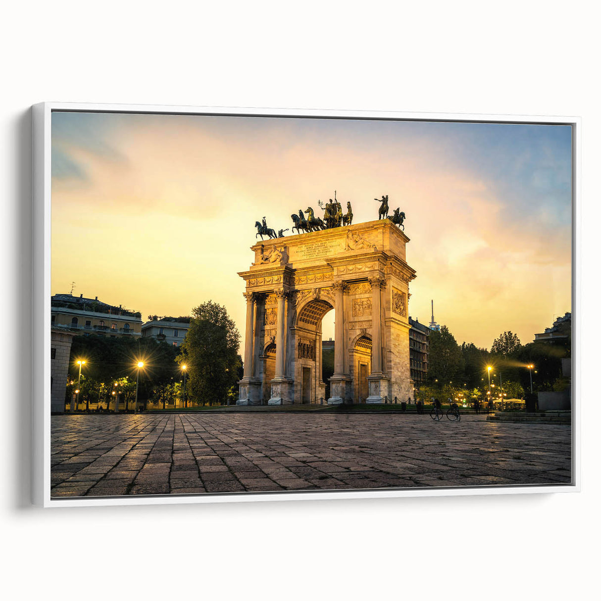 Vintage poster art of Milan scenery on extra large framed canvas, featuring colorful art on a black background.