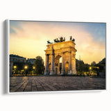 Vintage poster art of Milan scenery on extra large framed canvas, featuring colorful art on a black background.