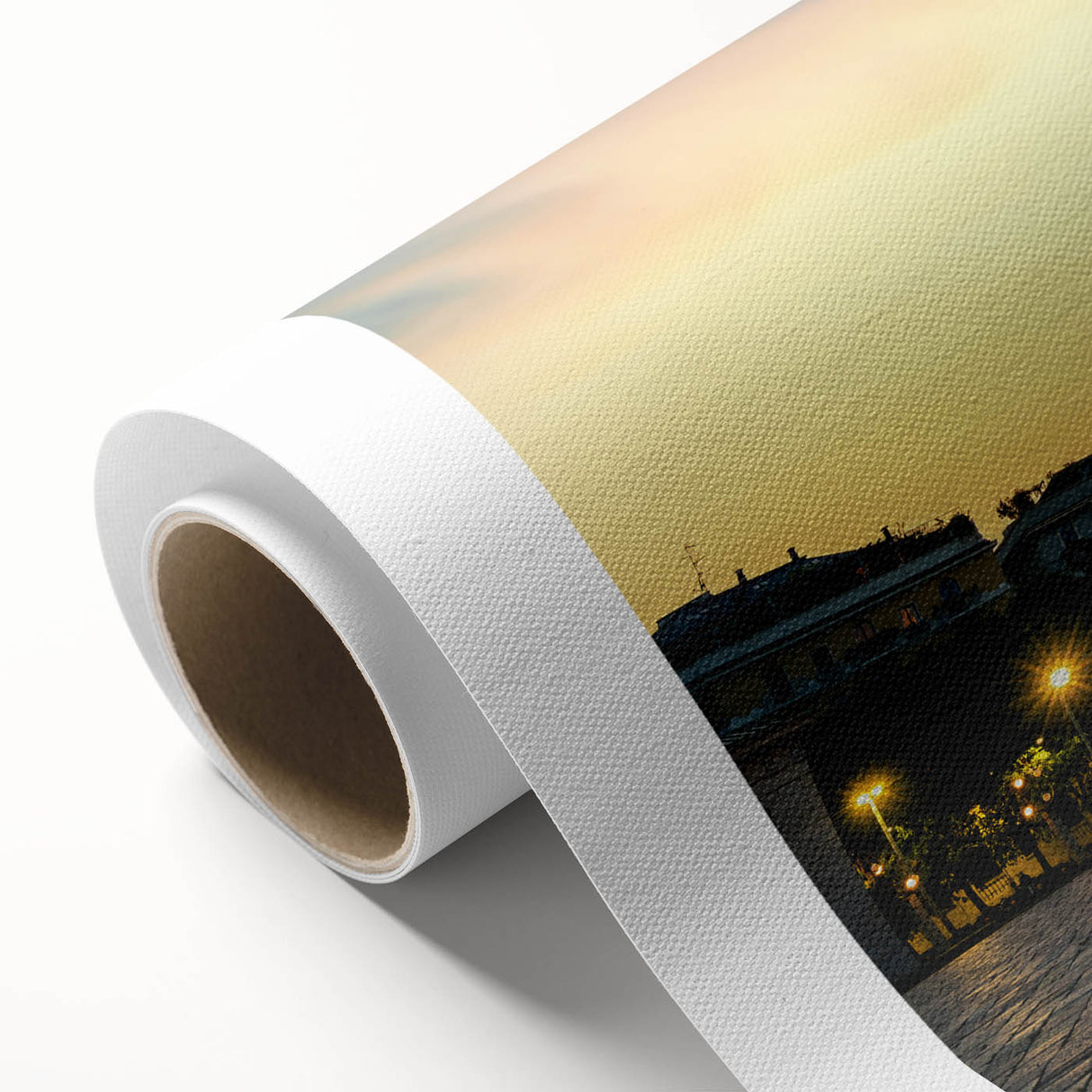 Art Deco poster of Milan scenery on rolled canvas, showcasing muted earth tones.