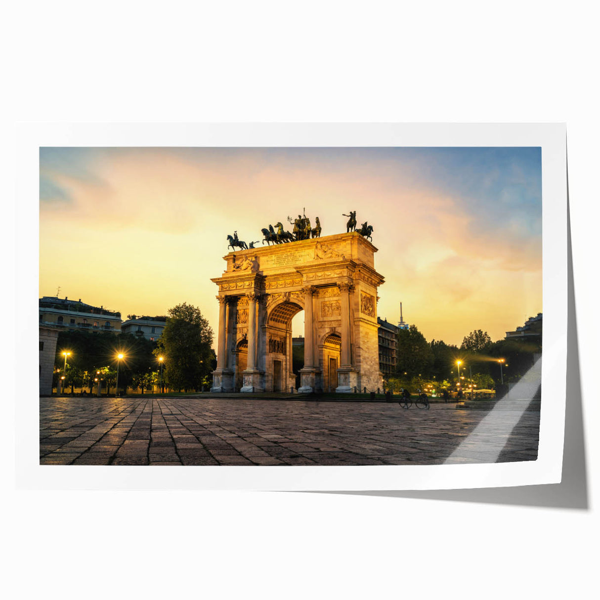 Extra large rolled print of a Milan scenery with vivid floral elements in pastel shades, suitable for dining room wall art.