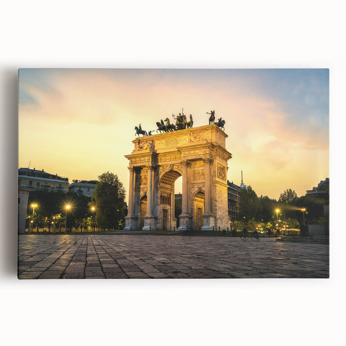 Black and white photograph of Milan scenery on stretched canvas, suitable as kitchen wall art or for a bedroom.
