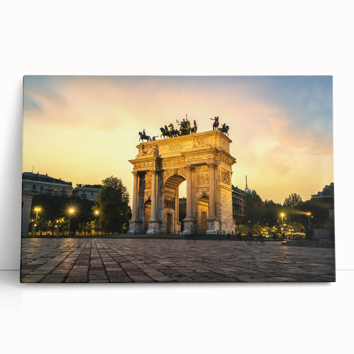Large black and white stretched canvas of Milan scenery, ideal for kitchen wall art.