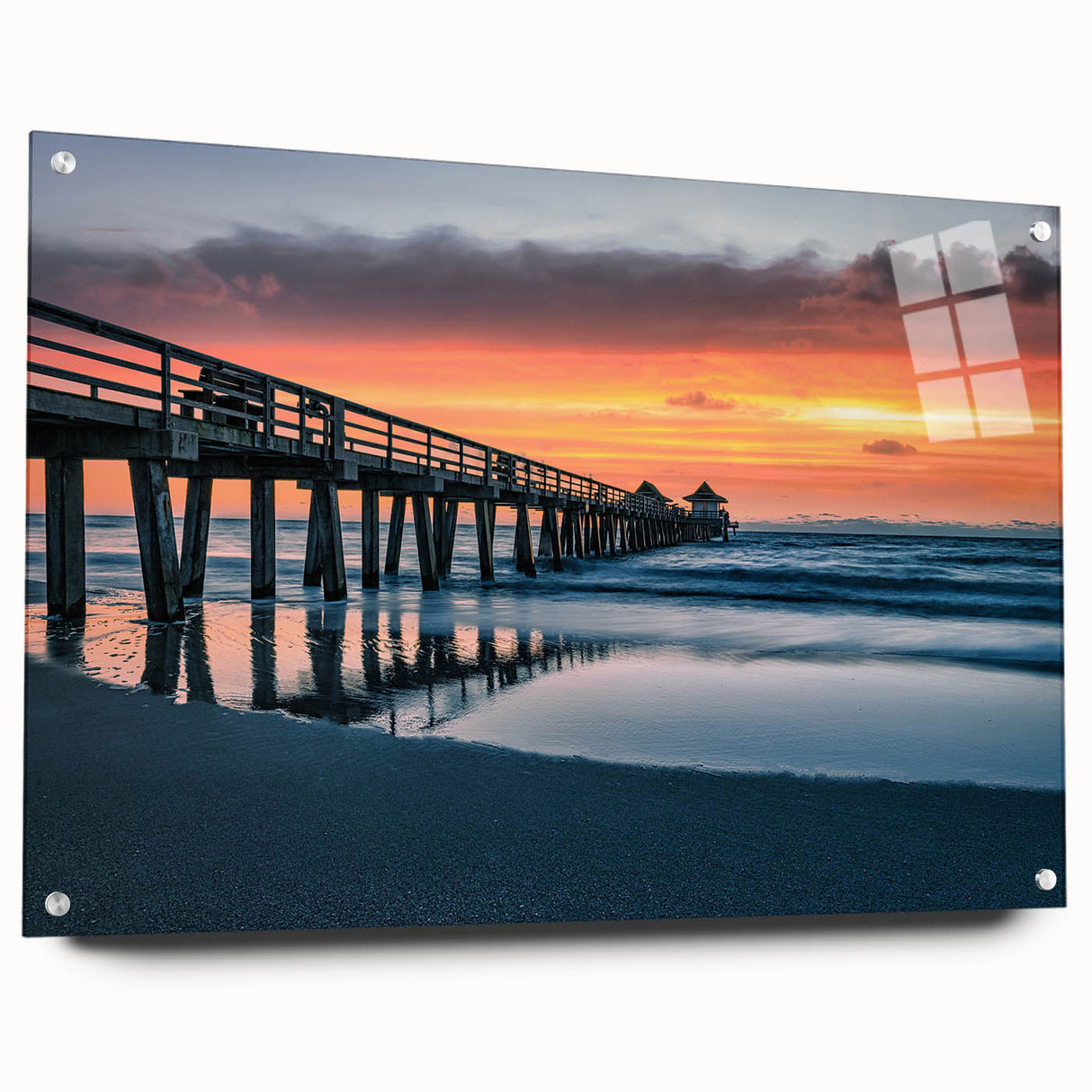 Acrylic print of Naples, Italy with vivid blue and orange twilight hues, ideal for dining room art.