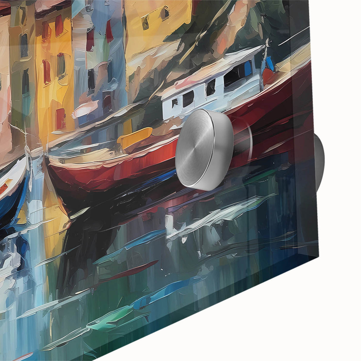 Mid-century modernist acrylic glass print of Portofino, Italy, with vibrant hues, ideal for dining room art.