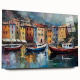 Large abstract wall art of Portofino, Italy in vibrant colors on acrylic glass, ideal for bedroom or dining room art.