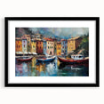 Colorful abstract art print of Portofino, Italy, in vibrant hues on a large textured canvas, framed in black.