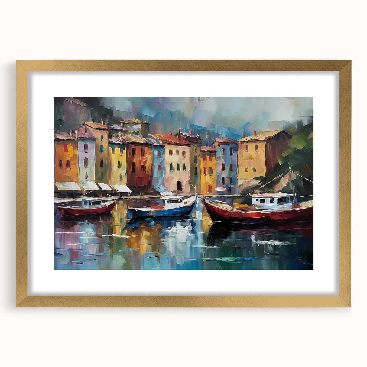 Abstract art print of Portofino, Italy, in muted watercolor shades on a framed canvas, suitable for dining room decor.
