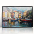 Large abstract wall art depicting the Portofino coast in muted earth tones on a framed acrylic.