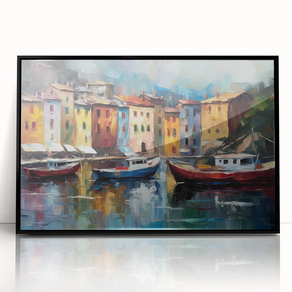 Large abstract wall art depicting the Portofino coast in muted earth tones on a framed acrylic.