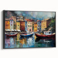 Black and white landscape art painting of Portofino, Italy on framed canvas, ideal for bedroom wall decor.