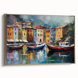 Framed canvas depicting a vintage poster art style landscape of Portofino, Italy in muted earth tones.
