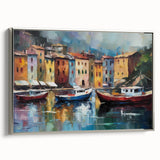 Landscape art painting of Portofino, Italy, featuring colorful houses and a serene harbor on framed canvas.