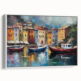 Vintage poster art of Portofino, Italy, with vibrant colors on extra large framed canvas, ideal for living room decor.