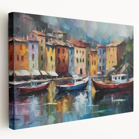 Portofino, Italy coastal scene on large stretched canvas, featuring vibrant blue and pastel houses.