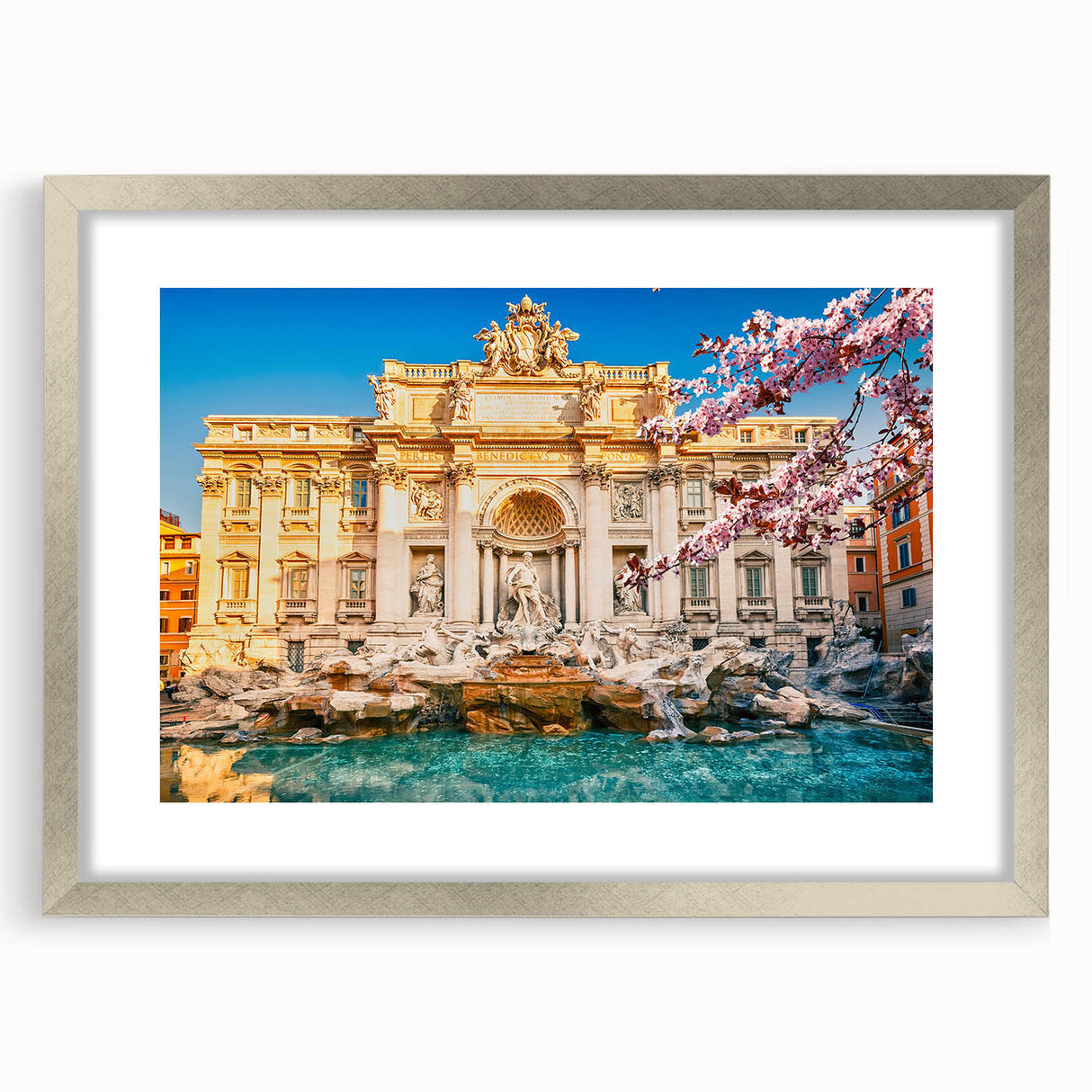 Extra large framed wall art of an abstract Rome scenery in textured silver, ideal for living room ambiance.