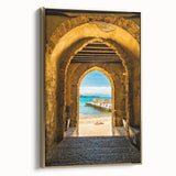 Framed canvas featuring a vintage-style landscape painting of Sicily, in muted gold and black tones.
