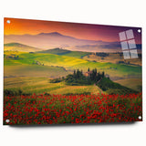 Acrylic glass print of a Tuscan landscape in warm earth tones, ideal for dining room decor.
