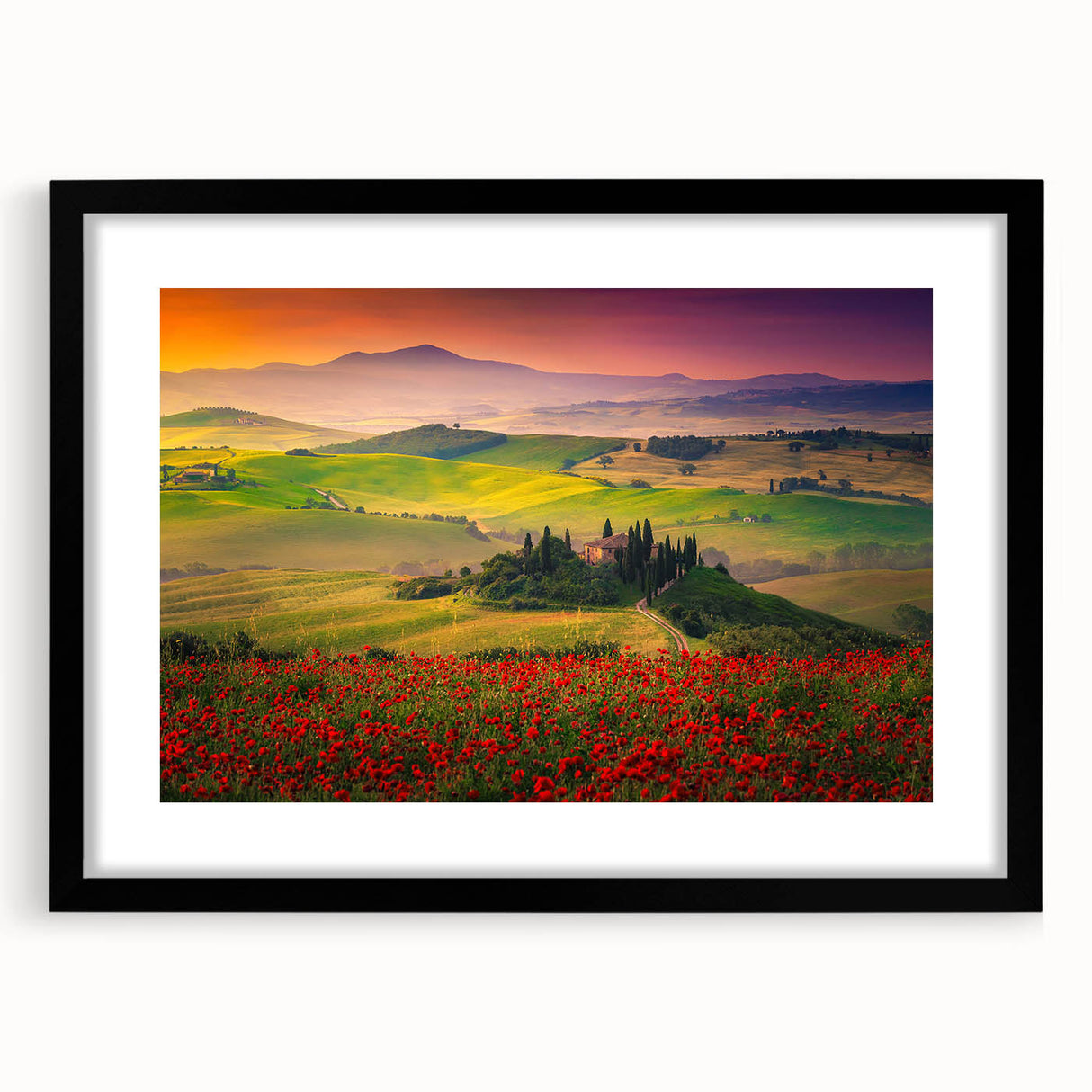 Textured abstract art print of Tuscany landscape in vibrant colors on a large framed canvas, ideal for living room decor.