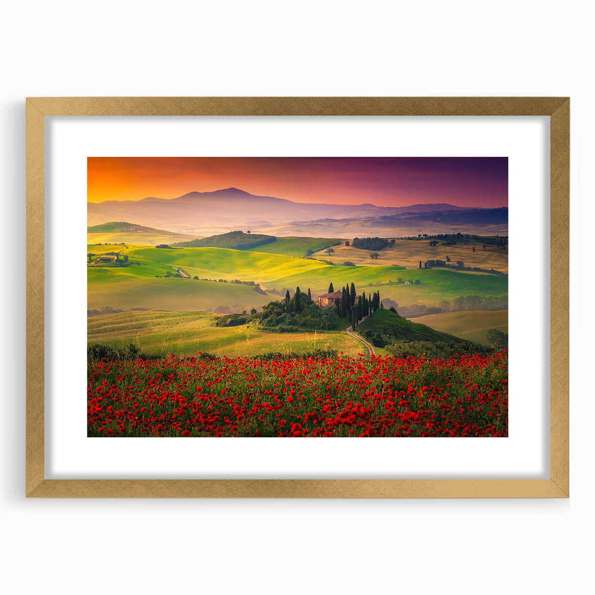 Abstract art print of Tuscan landscape in gold frame, featuring muted earth tones, ideal for dining room decor.
