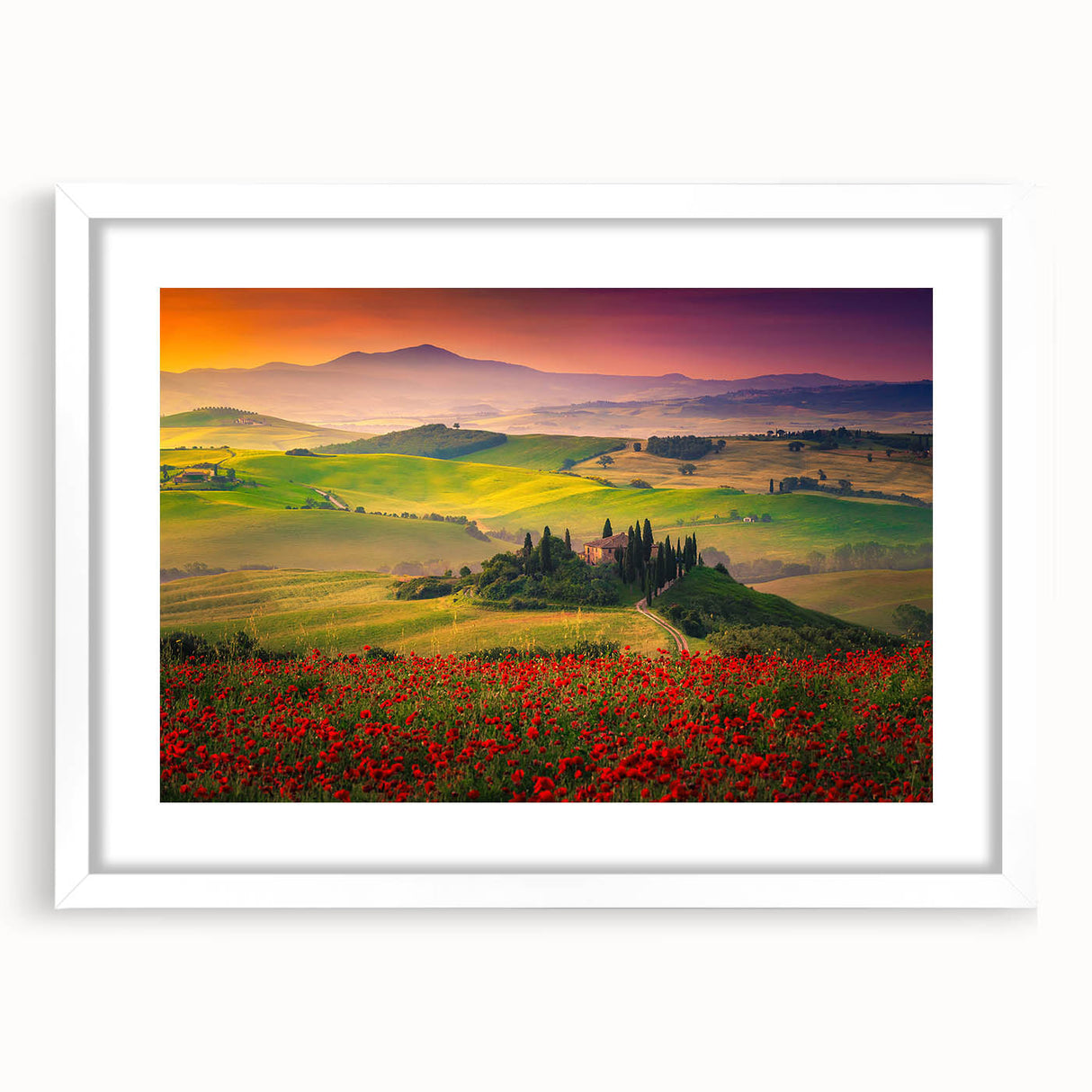Textured art print of a Tuscan landscape in muted earth tones on a framed white mat, ideal for bedroom decor.