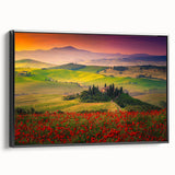 Black and white wall art depicting the Tuscan landscape on framed canvas, ideal for bedroom decor.