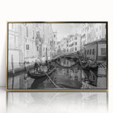 Framed acrylic print of Venice scenery in art deco style, featuring muted gold and blue tones.