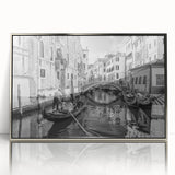 Acrylic print of Venice scenery in muted color palette, framed in silver, ideal for modern art wall decor.