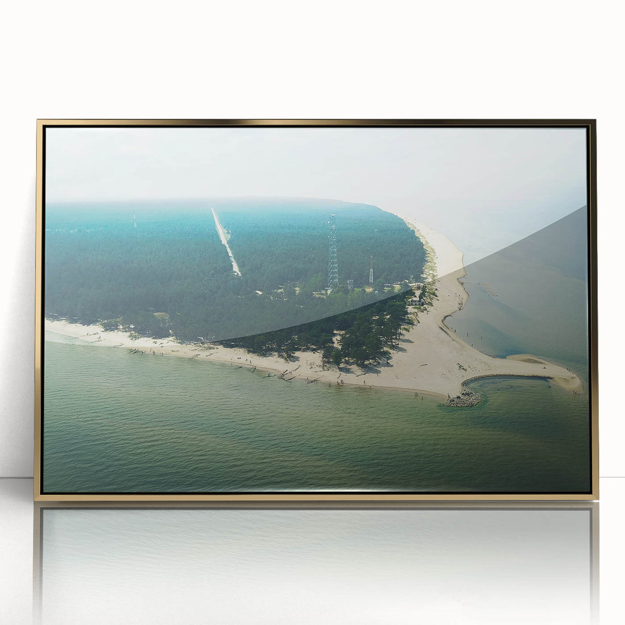 Art deco poster of a European scenery in Latvia, featuring a gold-framed acrylic print.