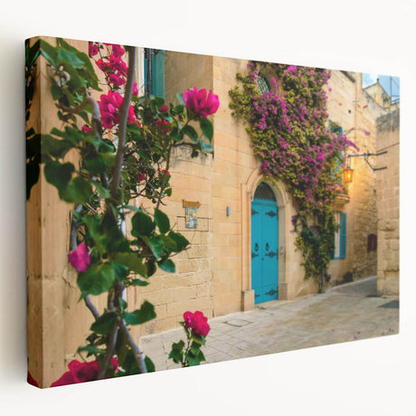 Large art depicting a scenic view of Malta in vibrant earth tones on stretched canvas, ideal for kitchen wall decor.