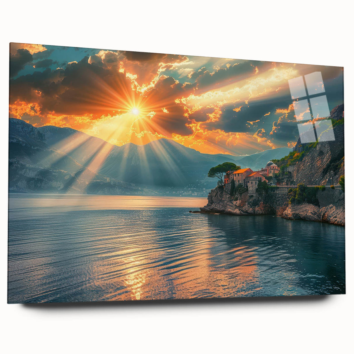Large abstract wall art depicting the Mediterranean Sea in blue and white tones on acrylic glass.