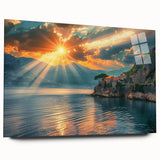 Large abstract wall art depicting the Mediterranean Sea in blue and white tones on acrylic glass.