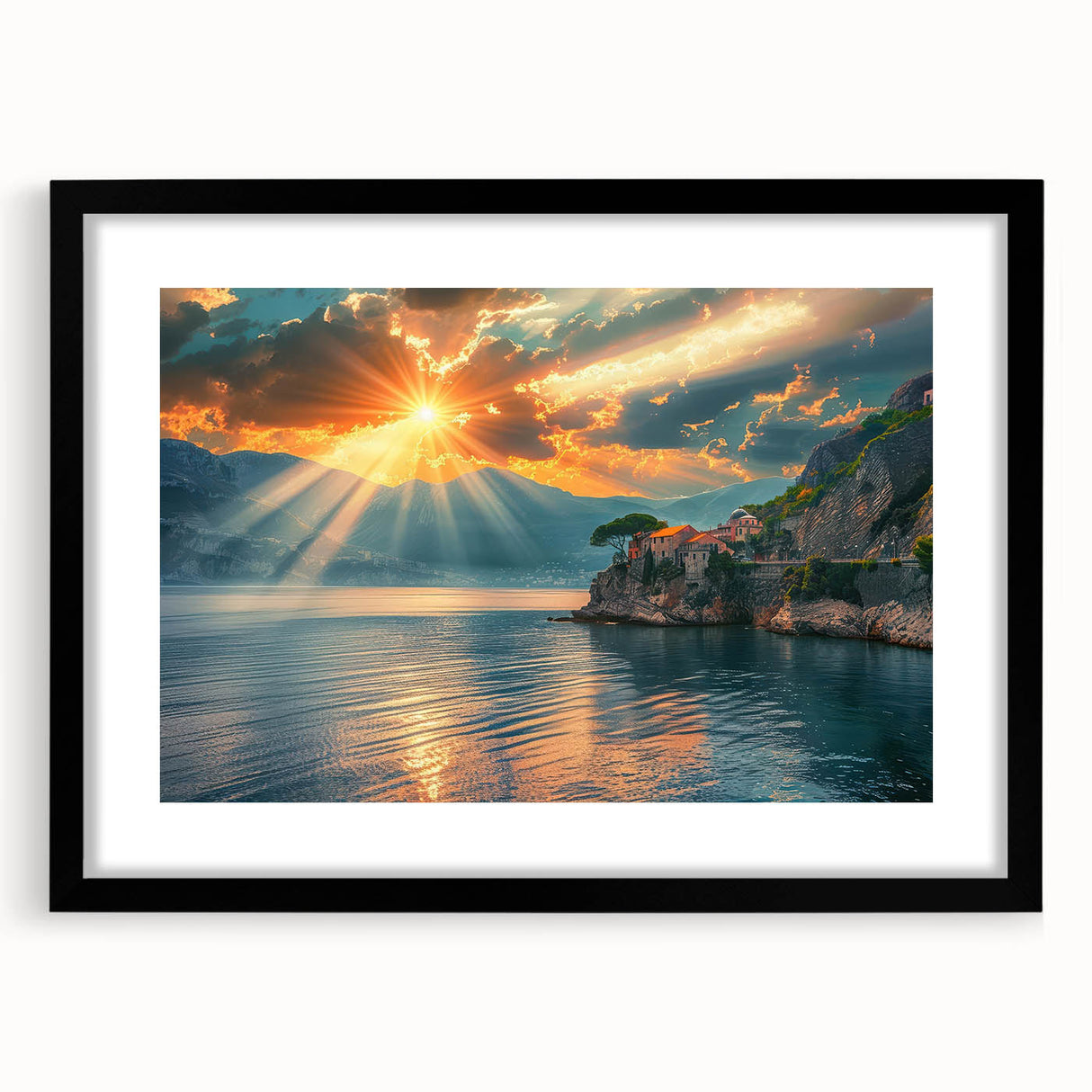 Extra large abstract art print of the Mediterranean Sea in vibrant colors on textured canvas, framed in black.