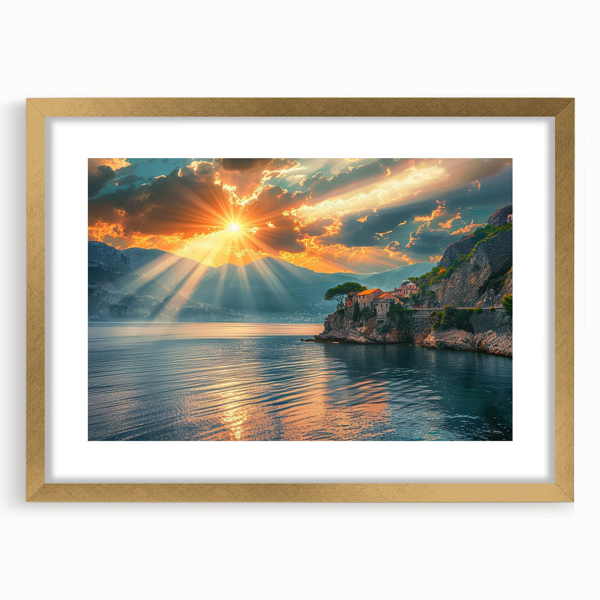Abstract art print of the Mediterranean Sea in muted blue and white tones, framed in gold, suitable for dining room decor.