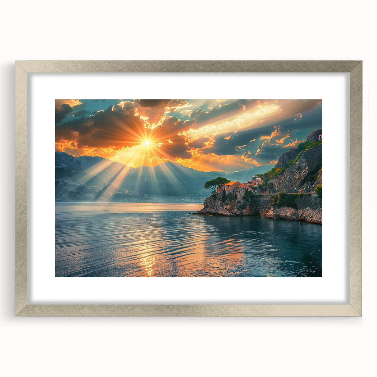 Extra large wall art featuring an abstract Mediterranean seascape in textured blues and greens, framed with a silver mat.