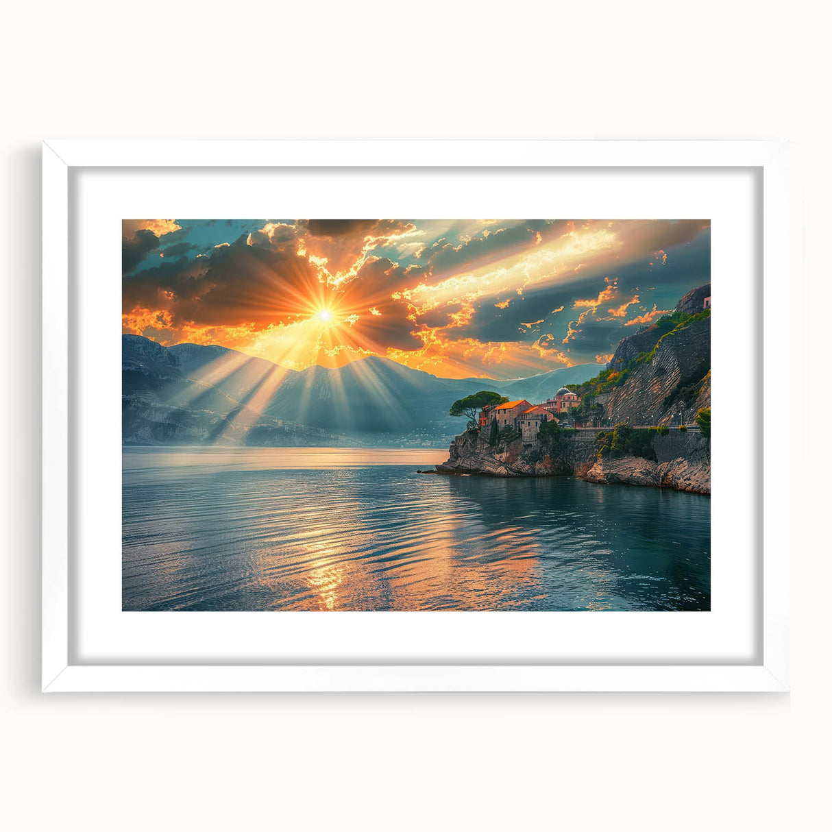Textured abstract art print of the Mediterranean Sea in muted blue tones, framed with a white mat, ideal for bedroom art.