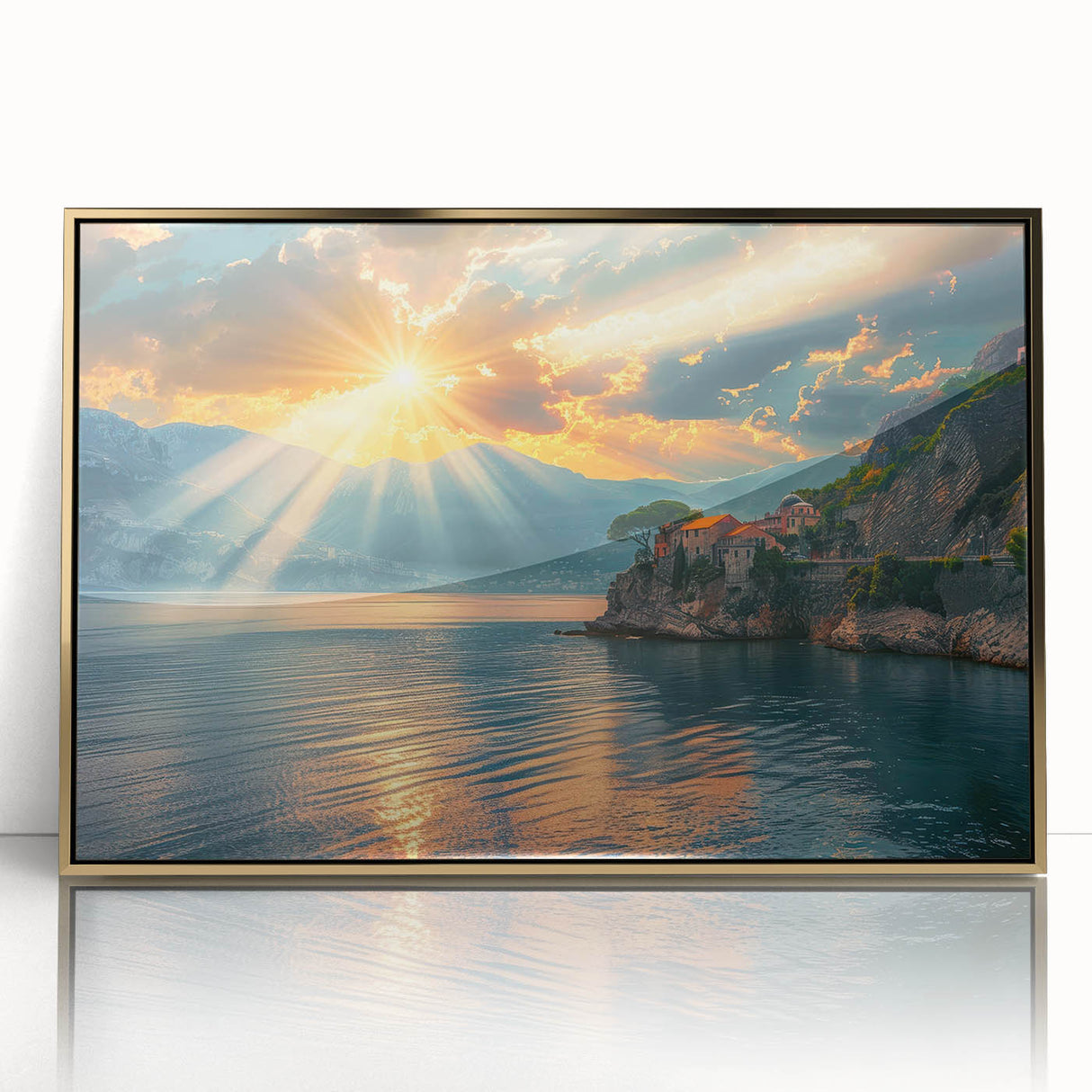 Art deco poster of Mediterranean scenery on framed acrylic, with blue sea and sky, ideal for modern art wall decor.
