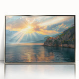 Large art print of a Mediterranean Sea scenery, in muted blue and white tones, framed in silver acrylic.