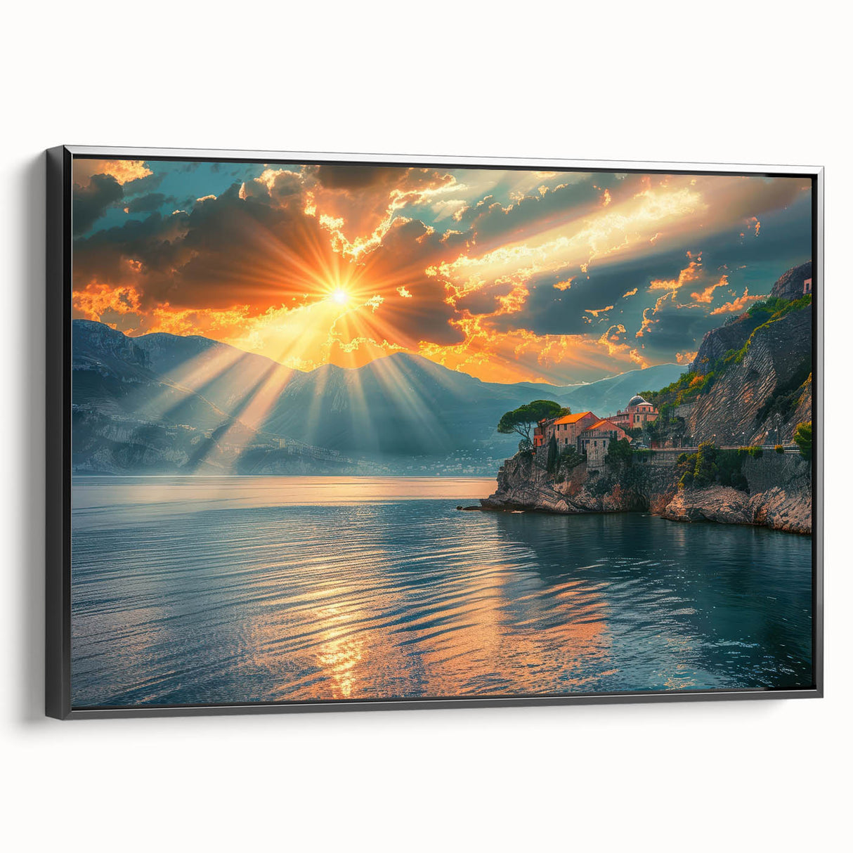 Black and white framed canvas depicting a vintage-style Mediterranean seascape, ideal for bedroom wall decor.