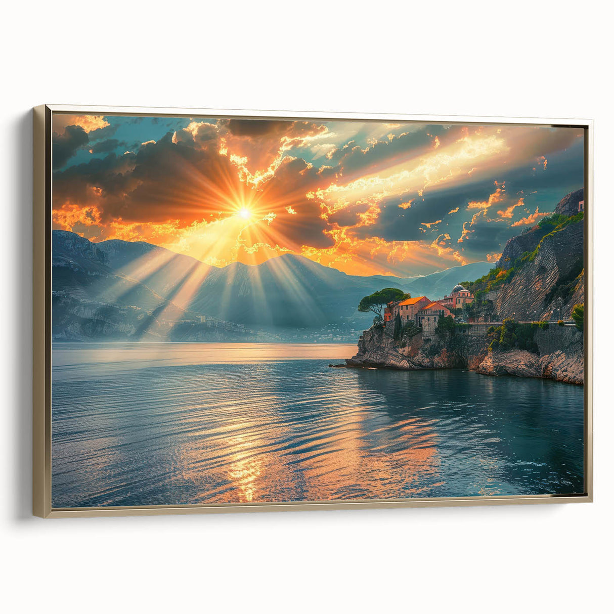 Framed canvas wall art featuring a vintage-style Mediterranean seascape in muted blues and golds, ideal for bedroom decor.
