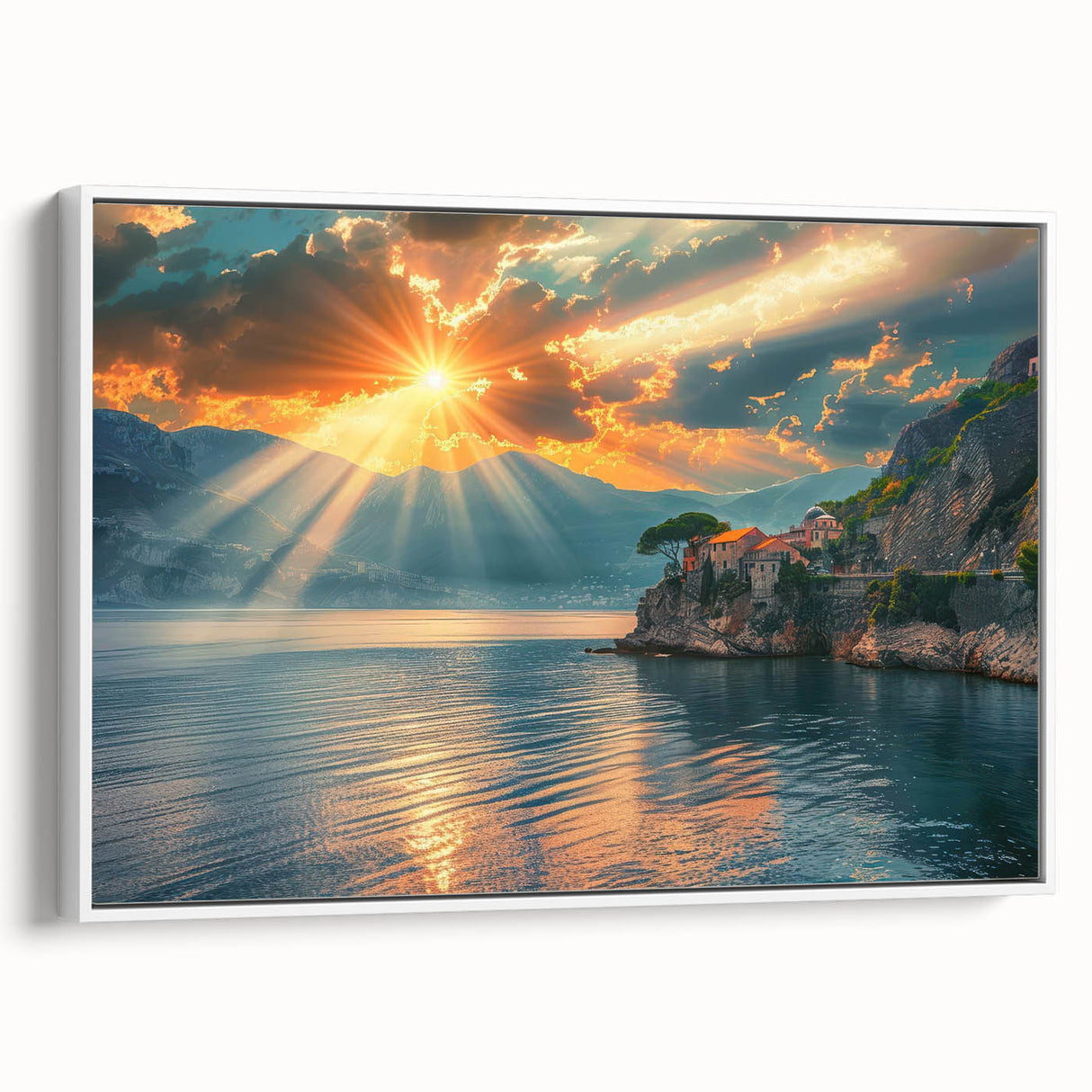 Vintage poster art of the Mediterranean Sea with vibrant blue and white tones on framed canvas.