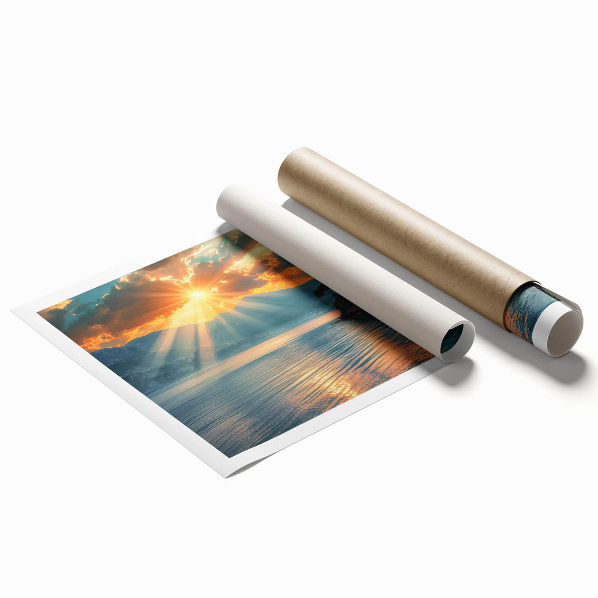 Extra large rolled print of Mediterranean scenery with vibrant blue sea and floral accents.