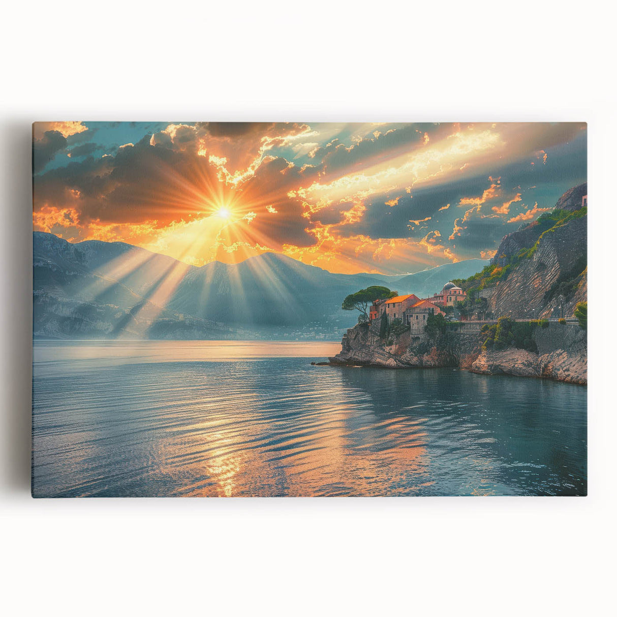 Black and white large art print of the Mediterranean Sea on stretched canvas, ideal for kitchen wall art or bedroom decor.