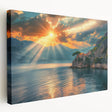 Large art of Mediterranean Sea scenery on stretched canvas, with vivid blue and white tones, ideal for kitchen wall art.