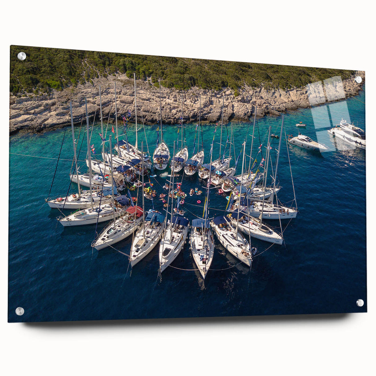 Acrylic print of a large abstract depiction of Monaco scenery, using vibrant blue and green tones.