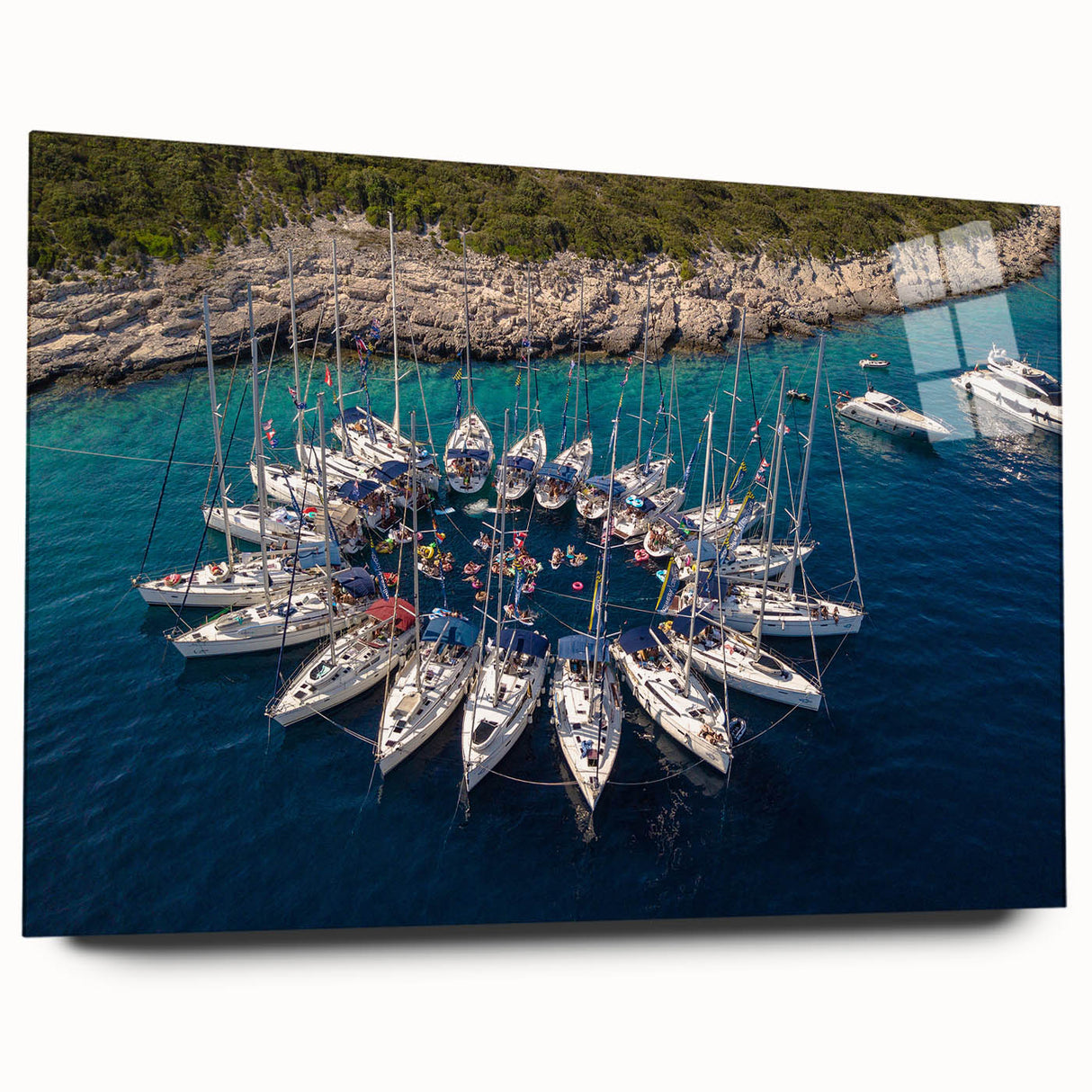 Large abstract wall art of Monaco scenery in muted ocean and sky blue tones on acrylic glass.