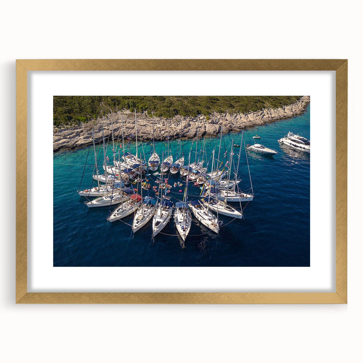 Abstract art print of a European Monaco scenery in gold frame with mat, featuring soft blue and beige tones.