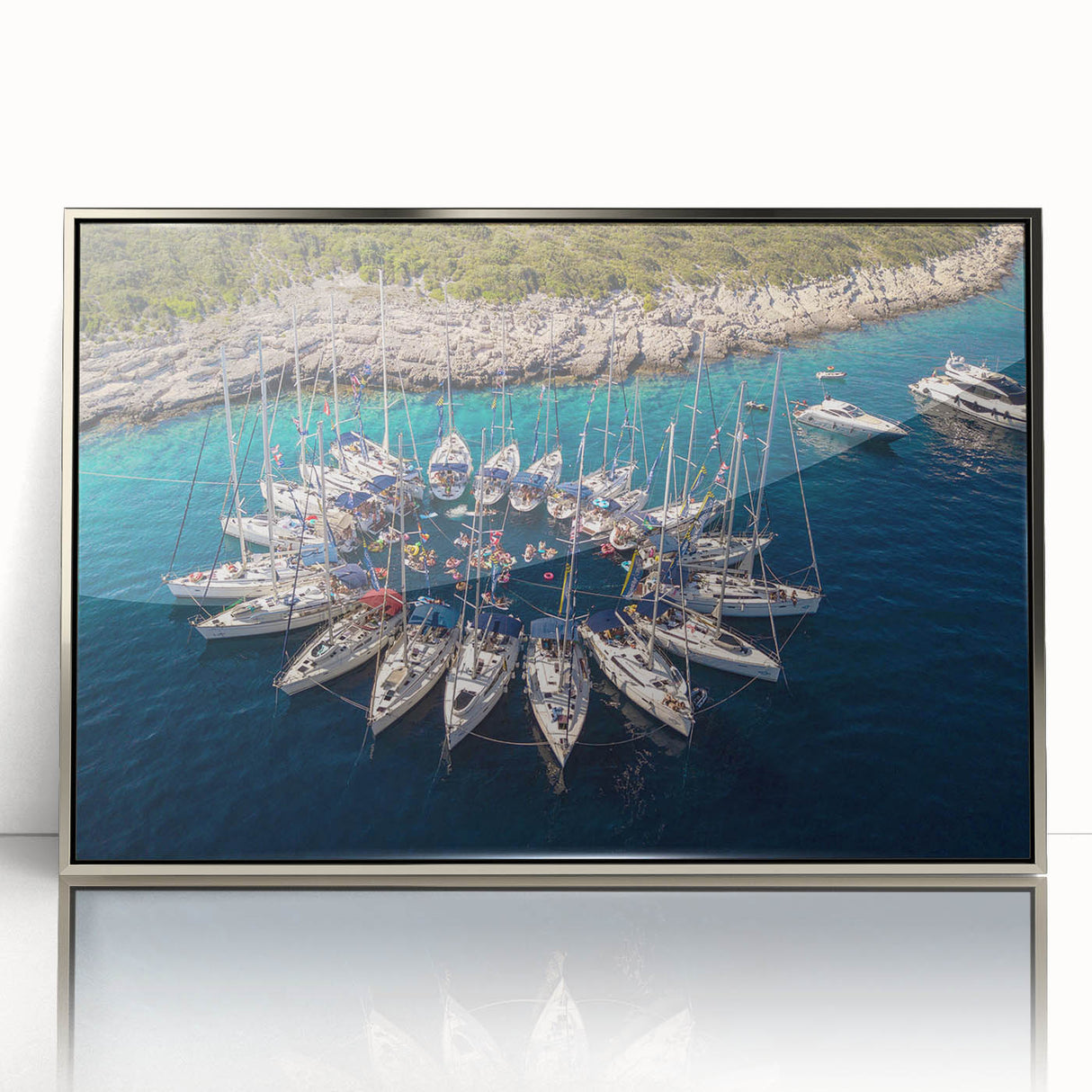 Large art print of Monaco scenery in muted blue and silver tones, framed in acrylic, ideal for modern art wall decor.