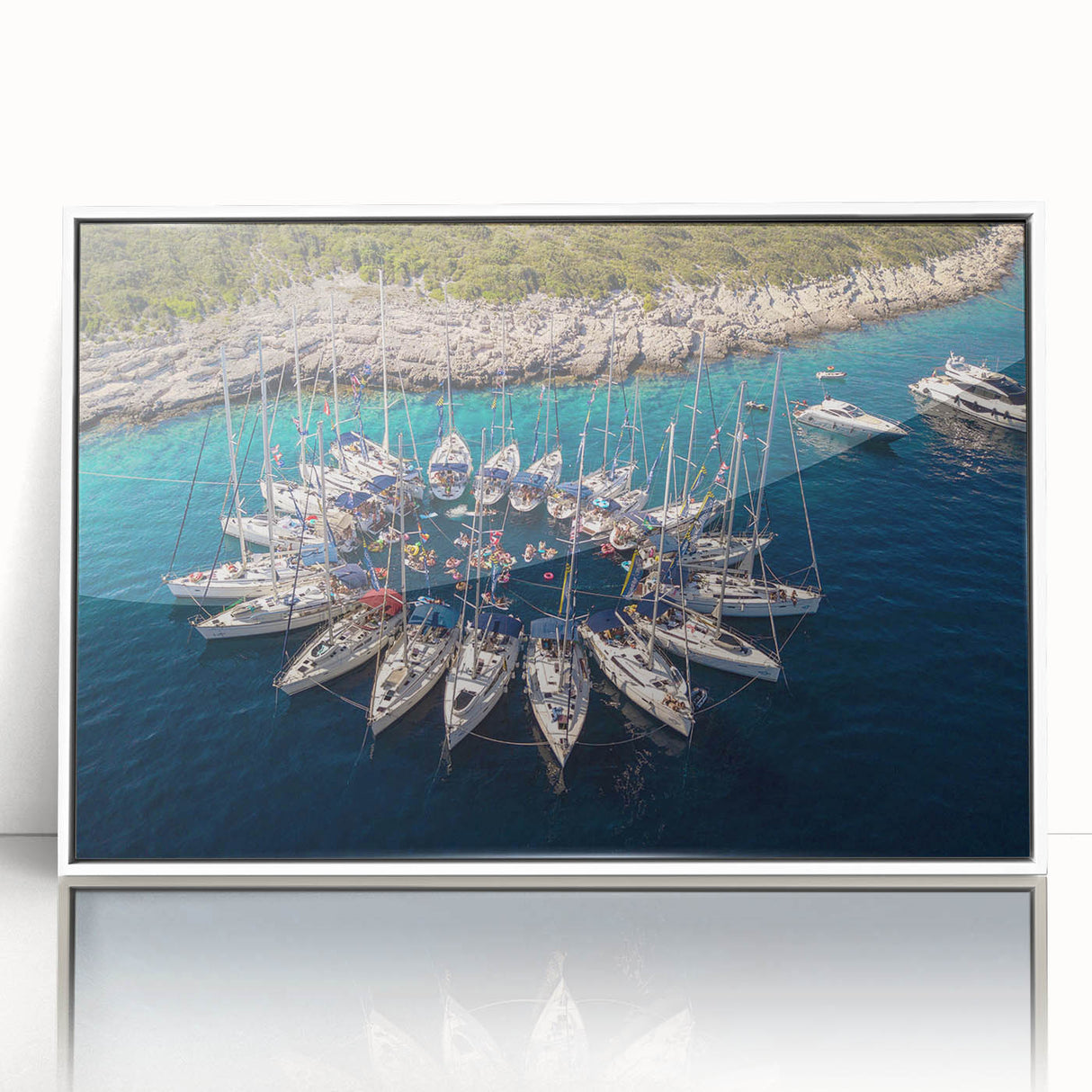 Mid-century modernist art depicting the Monaco skyline in muted pastel shades on a framed acrylic.