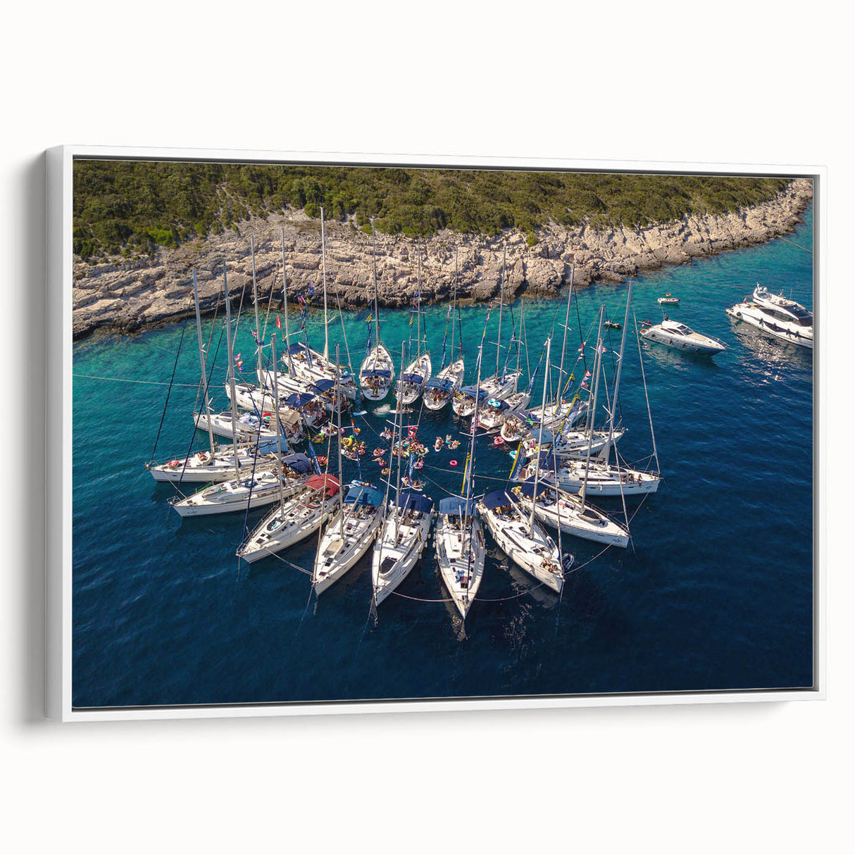 Vintage poster art of Monaco scenery on a large framed canvas with vibrant colors, ideal for living room decor.