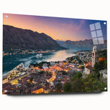 Acrylic print of a Montenegro landscape in vibrant blues and greens, ideal for dining room decor.
